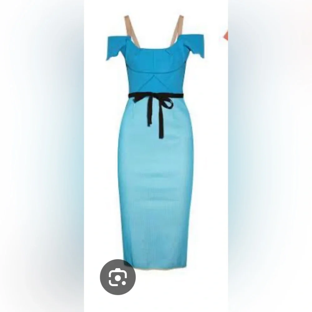 Roland Mouret Blue Midi Dress with Black belt off shoulder - Picture 2 of 6